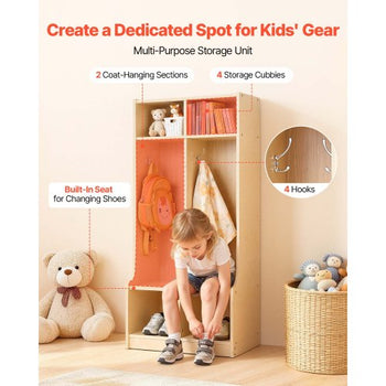 2-Section Kids Coat Locker, Wooden Toddler Cubby Storage Organizer with 4 Hooks & Anti-Tip Kit, Modern Kid Coat Cubbies with 4 Small Open Storage Boxes for Home, Kindergarten, Daycare, Natural