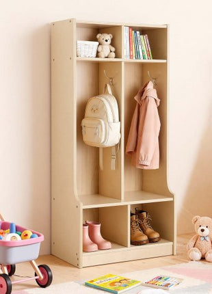 2-Section Kids Coat Locker, Wooden Toddler Cubby Storage Organizer with 4 Hooks & Anti-Tip Kit, Modern Kid Coat Cubbies with 4 Small Open Storage Boxes for Home, Kindergarten, Daycare, Natural