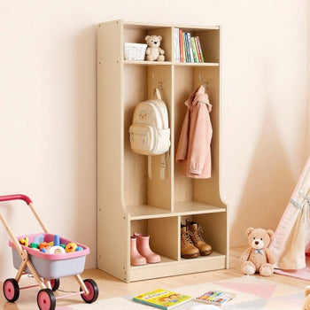 2-Section Kids Coat Locker, Wooden Toddler Cubby Storage Organizer with 4 Hooks & Anti-Tip Kit, Modern Kid Coat Cubbies with 4 Small Open Storage Boxes for Home, Kindergarten, Daycare, Natural