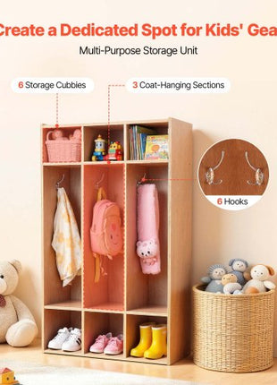 3-Section Kids Coat Locker, Wooden Toddler Cubby Storage Organizer with 6 Hooks & Non-Slip Mat, Modern Kid Coat Cubbies with 6 Small Open Storage Boxes for Home, Kindergarten, Daycare, Natural
