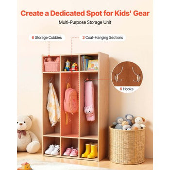 3-Section Kids Coat Locker, Wooden Toddler Cubby Storage Organizer with 6 Hooks & Non-Slip Mat, Modern Kid Coat Cubbies with 6 Small Open Storage Boxes for Home, Kindergarten, Daycare, Natural