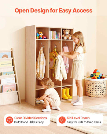 3-Section Kids Coat Locker, Wooden Toddler Cubby Storage Organizer with 6 Hooks & Non-Slip Mat, Modern Kid Coat Cubbies with 6 Small Open Storage Boxes for Home, Kindergarten, Daycare, Natural