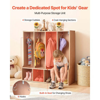 4-Section Kids Coat Locker, Wooden Toddler Cubby Storage Organizer with 8 Hooks & Non-Slip Mat, Modern Kid Coat Cubbies with 4 Small Open Storage Boxes for Home, Kindergarten, Daycare, Natural