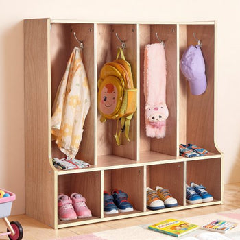 4-Section Kids Coat Locker, Wooden Toddler Cubby Storage Organizer with 8 Hooks & Non-Slip Mat, Modern Kid Coat Cubbies with 4 Small Open Storage Boxes for Home, Kindergarten, Daycare, Natural