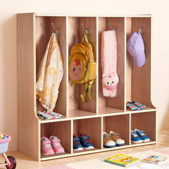 4-Section Kids Coat Locker, Wooden Toddler Cubby Storage Organizer with 8 Hooks & Non-Slip Mat, Modern Kid Coat Cubbies with 4 Small Open Storage Boxes for Home, Kindergarten, Daycare, Natural