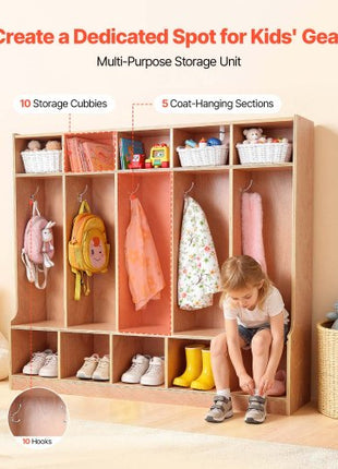 5-Section Kids Coat Locker, Wooden Toddler Cubby Storage Organizer with 10 Hooks & Non-Slip Mat, Modern Kid Coat Cubbies with 10 Small Open Storage Boxes for Home, Kindergarten, Daycare, Natural