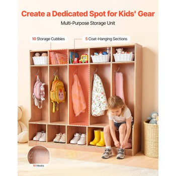 5-Section Kids Coat Locker, Wooden Toddler Cubby Storage Organizer with 10 Hooks & Non-Slip Mat, Modern Kid Coat Cubbies with 10 Small Open Storage Boxes for Home, Kindergarten, Daycare, Natural