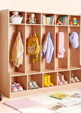 5-Section Kids Coat Locker, Wooden Toddler Cubby Storage Organizer with 10 Hooks & Non-Slip Mat, Modern Kid Coat Cubbies with 10 Small Open Storage Boxes for Home, Kindergarten, Daycare, Natural