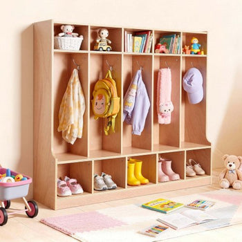 5-Section Kids Coat Locker, Wooden Toddler Cubby Storage Organizer with 10 Hooks & Non-Slip Mat, Modern Kid Coat Cubbies with 10 Small Open Storage Boxes for Home, Kindergarten, Daycare, Natural