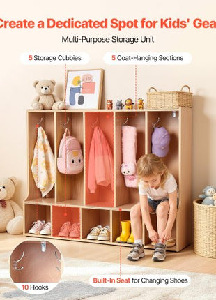 5-Section Kids Coat Locker, Wooden Toddler Cubby Storage Organizer with 10 Hooks & Non-Slip Mat, Modern Kid Coat Cubbies with 5 Small Open Storage Boxes for Home, Kindergarten, Daycare, Natural