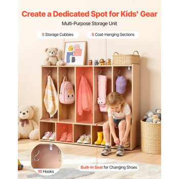 5-Section Kids Coat Locker, Wooden Toddler Cubby Storage Organizer with 10 Hooks & Non-Slip Mat, Modern Kid Coat Cubbies with 5 Small Open Storage Boxes for Home, Kindergarten, Daycare, Natural