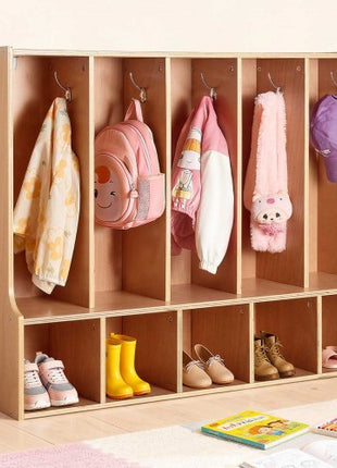 5-Section Kids Coat Locker, Wooden Toddler Cubby Storage Organizer with 10 Hooks & Non-Slip Mat, Modern Kid Coat Cubbies with 5 Small Open Storage Boxes for Home, Kindergarten, Daycare, Natural