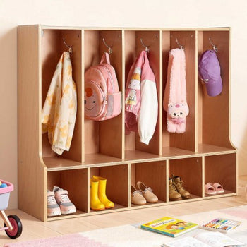 5-Section Kids Coat Locker, Wooden Toddler Cubby Storage Organizer with 10 Hooks & Non-Slip Mat, Modern Kid Coat Cubbies with 5 Small Open Storage Boxes for Home, Kindergarten, Daycare, Natural