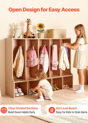5-Section Kids Coat Locker, Wooden Toddler Cubby Storage Organizer with 10 Hooks & Non-Slip Mat, Modern Kid Coat Cubbies with 5 Small Open Storage Boxes for Home, Kindergarten, Daycare, Natural