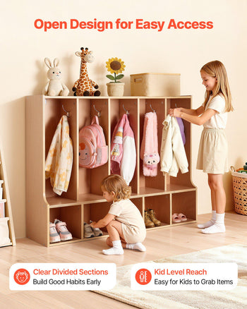 5-Section Kids Coat Locker, Wooden Toddler Cubby Storage Organizer with 10 Hooks & Non-Slip Mat, Modern Kid Coat Cubbies with 5 Small Open Storage Boxes for Home, Kindergarten, Daycare, Natural