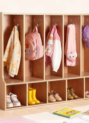 5-Section Kids Coat Locker, Wooden Toddler Cubby Storage Organizer with 10 Hooks & Non-Slip Mat, Modern Kid Coat Cubbies with 5 Small Open Storage Boxes for Home, Kindergarten, Daycare, Natural