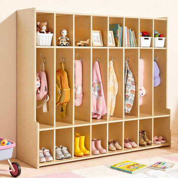8-Section Kids Coat Locker, Wooden Toddler Cubby Storage Organizer with 16 Hooks & Anti-Tip Kit, Modern Kid Coat Cubbies with 16 Small Open Storage Boxes for Home, Kindergarten, Daycare, Natural