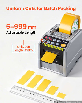 Automatic Tape Dispenser 999mm Max Cut Length Electric Ribbon Cutter, 110V Electric Automatic Tape Cutter, Dual-Tape Capability, Fits 6–60mm Width Tape for Shipping, Packaging & Gift Wrapping
