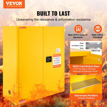 Flammable Storage Cabinet 34 Gal, 43.1x18.1x50.1 inch Cold-Rolled Steel Flammable Liquid Storage Cabinet Explosion Proof with 1 Adjustable Shelf 2 Manual Closing Doors for Industrial Use, Yellow