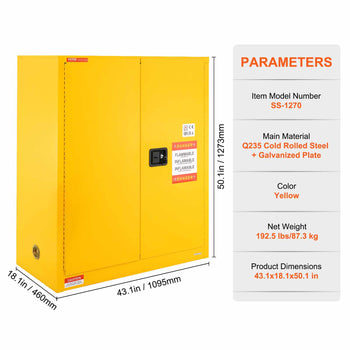 Yellow steel storage cabinet with double doors, lockable, Q235 cold rolled steel, dimensions 50.1” x 43.1” x 18.1”.
