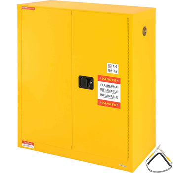 Yellow flammable storage cabinet with lock, featuring OSHA caution labels and sturdy metal construction for safety.
