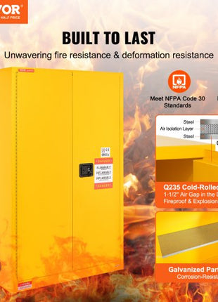 Flammable Safety Cabinet, 45 Gal, Cold-Rolled Steel Flammable Liquid Storage Cabinet, 42.9 x 18.1 x 65.2 in Explosion Proof with 2 Adjustable Shelves 2 Manual Doors for Industrial Use, Yellow