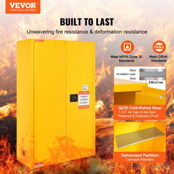 Flammable Safety Cabinet, 45 Gal, Cold-Rolled Steel Flammable Liquid Storage Cabinet, 42.9 x 18.1 x 65.2 in Explosion Proof with 2 Adjustable Shelves 2 Manual Doors for Industrial Use, Yellow