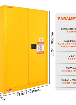 Yellow storage cabinet made of Q235 cold-rolled steel and galvanized plate, dimensions 42.9 x 18.1 x 65.2 inches.