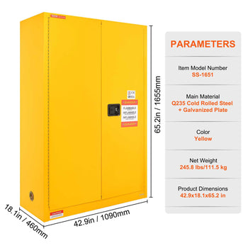Yellow storage cabinet made of Q235 cold-rolled steel and galvanized plate, dimensions 42.9 x 18.1 x 65.2 inches.