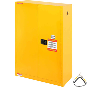Yellow flammable safety cabinet, steel construction, double-door design with locking mechanism and warning labels.
