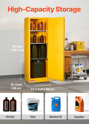 Flammable Cabinet, 23.2 x 18.1 x 65.0 inch, 23 Gallon Flammable Storage Cabinet with Adjustable Shelf, Cold-Rolled and Galvanized Steel Fire Cabinets, for Commercial Industrial Home Use, Yellow