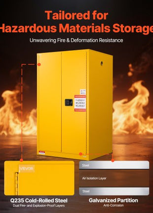 Flammable Cabinet, 37.9 x 34.0 x 65.0 Inch, 65 Gallon Flammable Storage Cabinet with Adjustable Shelf, Cold-Rolled and Galvanized Steel Fire Cabinets, for Commercial Industrial Home Use, Yellow