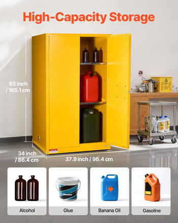 Flammable Cabinet, 37.9 x 34.0 x 65.0 Inch, 65 Gallon Flammable Storage Cabinet with Adjustable Shelf, Cold-Rolled and Galvanized Steel Fire Cabinets, for Commercial Industrial Home Use, Yellow
