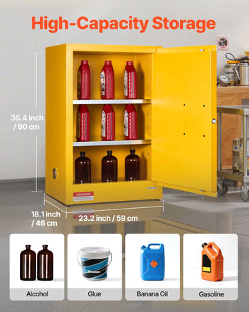 Flammable Cabinet, 23.2 x 18.1 x 35.4 Inch, 13 Gallon Flammable Storage Cabinet with Adjustable Shelf, Cold-Rolled and Galvanized Steel Fire Cabinets, for Commercial Industrial Home Use, Yellow