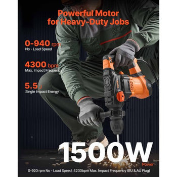 1-1/4 Inch SDS-Plus Rotary Hammer Drill, 13 Amp Corded Drills, Heavy Duty Chipping Hammers with Vibration Control & Safety Clutch, Electric Demolition Hammers Variable Speed, Power Tool For Conc
