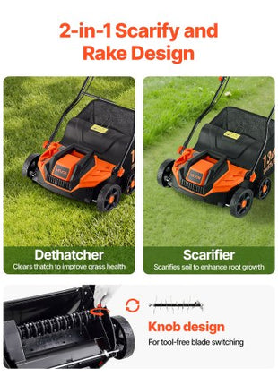 2-in-1 Electric Dethatcher and Scarifier, 13-Inch 13 Amp, Corded Lawn Dethatcher with 13-Gallon Thatch Collection Bag, 5-Position Depth Adjustment, Walk Behind Machine for Garden Yard Grass
