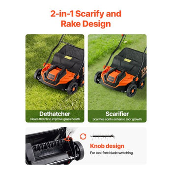 2-in-1 Electric Dethatcher and Scarifier, 13-Inch 13 Amp, Corded Lawn Dethatcher with 13-Gallon Thatch Collection Bag, 5-Position Depth Adjustment, Walk Behind Machine for Garden Yard Grass