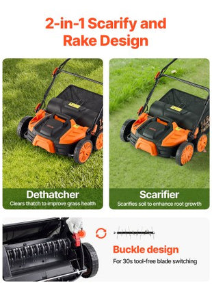 2-in-1 Electric Dethatcher and Scarifier, 16-Inch 15 Amp, Corded Lawn Dethatcher with 14.5-Gallon Thatch Collection Bag, 5-Position Depth Adjustment, Walk Behind Machine for Garden Yard Grass
