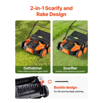 2-in-1 Electric Dethatcher and Scarifier, 16-Inch 15 Amp, Corded Lawn Dethatcher with 14.5-Gallon Thatch Collection Bag, 5-Position Depth Adjustment, Walk Behind Machine for Garden Yard Grass
