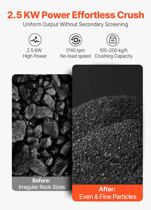 Hammer Crusher, 2.5KW 220V Electric Rock Stone Shatter Grinder, Glass Crushing Machine with 100 to 200 kg/h Crushing Capacity, Coal Crusher Milling Machine with 0.12/0.24/0.4 inch Sieve Screens