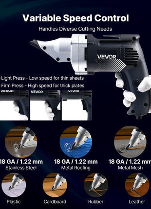 Electric Metal Shear, 4.0-Amp Corded Sheet Metal Cutter with 360-Degree Swivel Head, Variable Speed, Continuous Cutting, Clean Cut for 18GA Galvanized Steel, 20 GA Stainless Steel, 2500 SPM