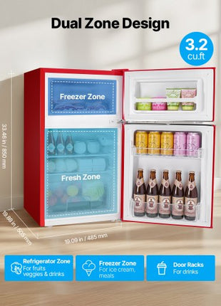 Mini Fridge with Freezer, 3.2 Cu.Ft, Two Door Compact Refrigerator with Adjustable Temperature, Glass Shelf, Energy Efficient Dorm Fridge, Low Noise Small Refrigerator, for Bedroom, Office, Red