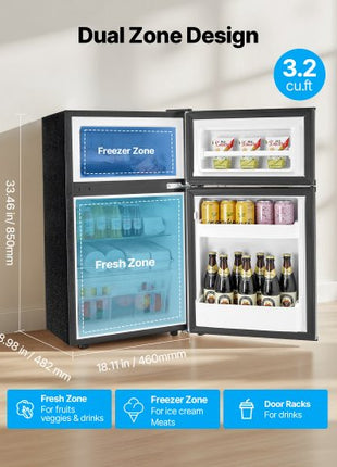 Mini Fridge with Freezer, 3.2 Cu.Ft, Two Door Compact Refrigerator, Adjustable Temperature, Shelf, Energy Efficient Small Fridge, Reversible Door, Low Noise, for Bedroom, Dorm, Office, Black