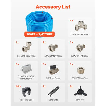 Air Compressor Line Kit, 200FT x 3/4", HDPE-Aluminum Compressed Air Piping System, Leak-Proof & Easy-to-Install, Compressed Air Line Tubing Kit for Garages Workshops, Blue
