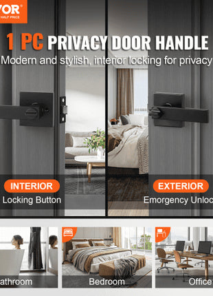 Privacy Door Handle, 10 Pack Matte Black Door Lever, Left or Right Handing Reversible Lever with Keyless Lock, 45° Rotation to Open, Universal Square Interior for Bedroom and Bathroom Doors