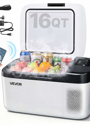 Car Refrigerator, DC 12/24V AC100-240V Compressor Electric Cooler, -4°F to 68°F Car Fridge with APP Control, 16 QT Cars Freezer for RVs, Campsites, Boats, Camping, Fishing, 60W Portable Freezer