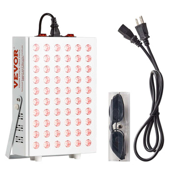 VEVOR red light therapy device with white casing, 60 LED lights, sunglasses included, ideal for pain relief and healing.