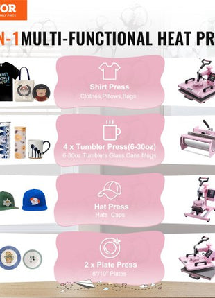 Heat Press Machine, 12 x 15 inch, 5 in 1 Heat Transfer Machine with 30 oz Tumbler Press, 360° Swing Away T-Shirt Pressing, Digital Precise Control, for T-Shirts/Mugs/Hats/Plates, Pink