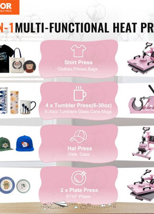 Heat Press Machine, 15 x 15 inch, 5 in 1 Heat Transfer Machine with 30 oz Tumbler Press, 360° Swing Away T-Shirt Pressing, Digital Precise Control, for T-Shirts/Mugs/Hats/Plates, Pink