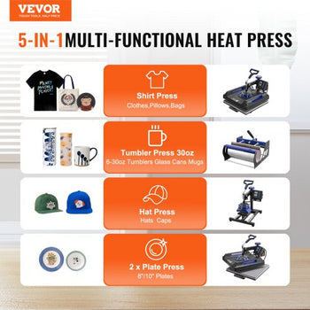 Heat Press Machine, 15 x 15 inch, 5 in 1 Heat Transfer Machine with 30 oz Tumbler Press, 360° Swing Away Digital T-Shirt Pressing, Teflon Coating, for T-Shirts/Mugs/Hats/Plates, Black+Blue